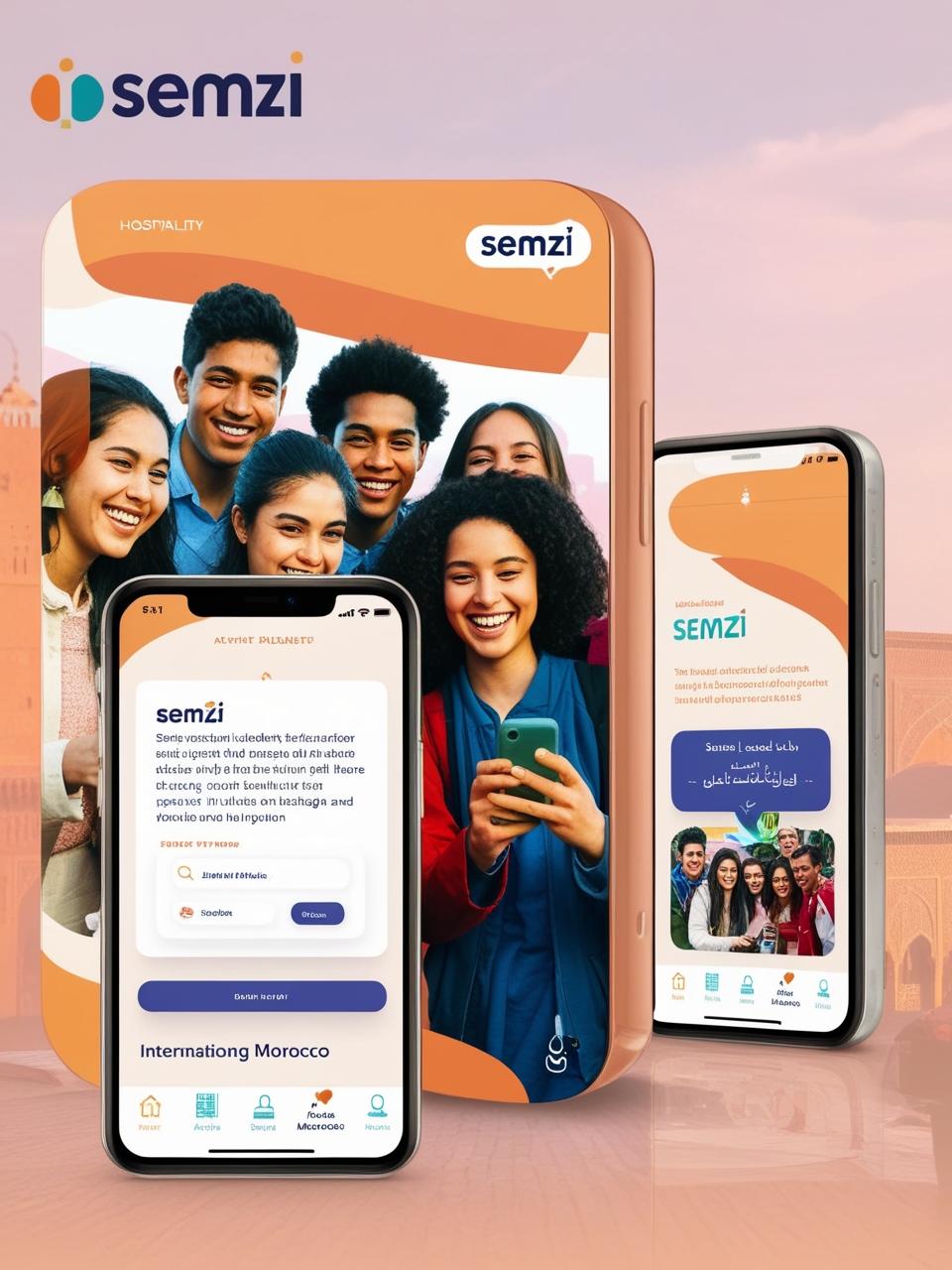 Create Picture For A Website Platform Called SEMZI A Business Unit That Welcomes And Help International Students In Their Integration In Morocco Show The App On A Phone 3